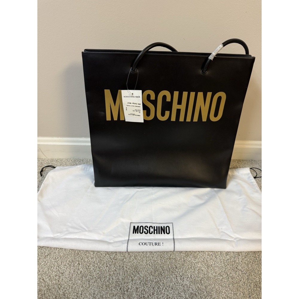 MOSCHINO Couture Black Leather Tote Bag Gold Logo Large Shopper W/‎ Dust Bag NWT